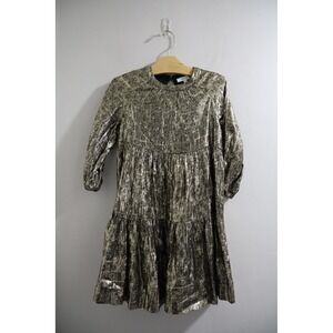 REISS Girls Gold Metallic Tiered Party‎ Dress Long Sleeve Sparkle Holiday